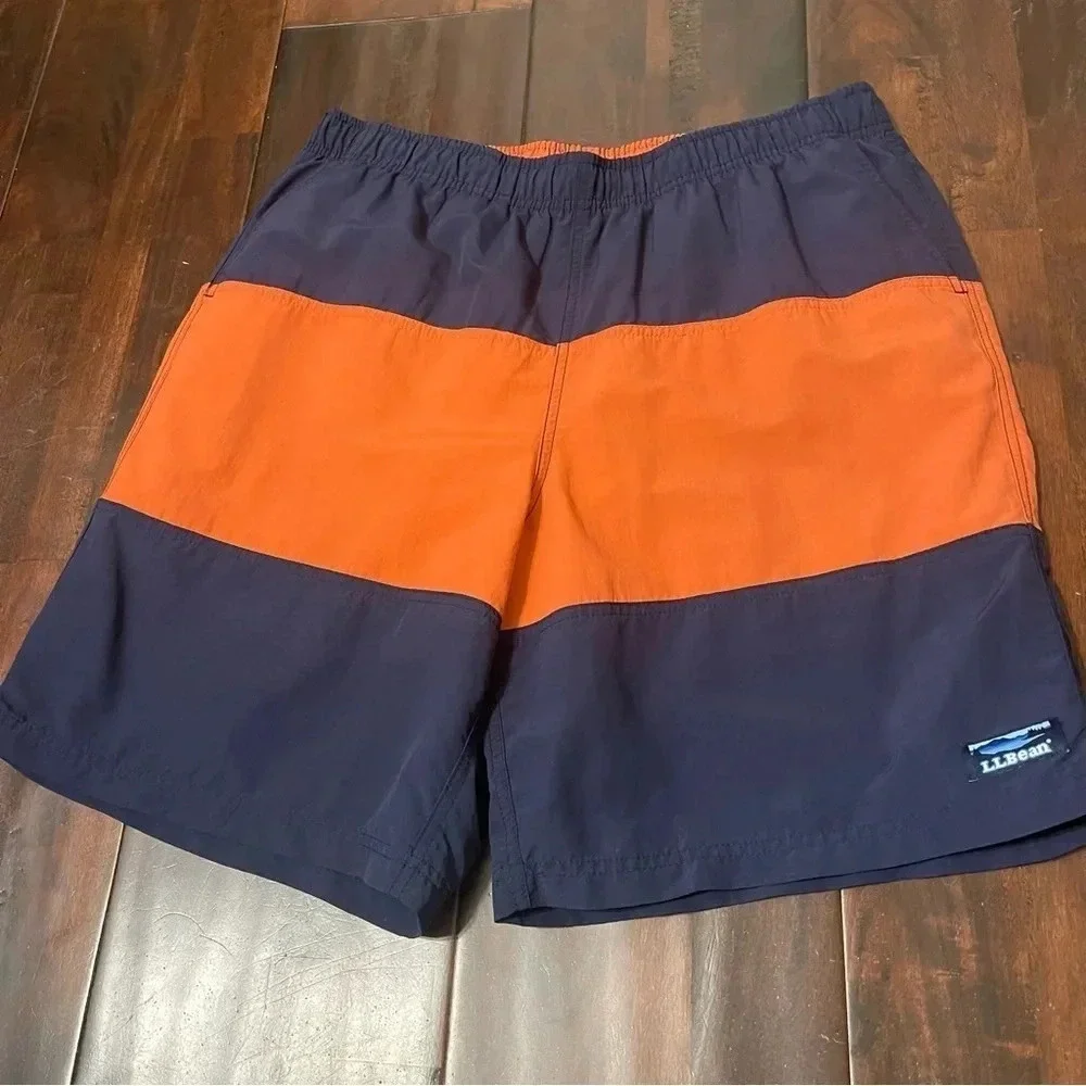 LL Bean Swimming Trunks Navy And Orange Striped Men’s Size Large Pockets Lined